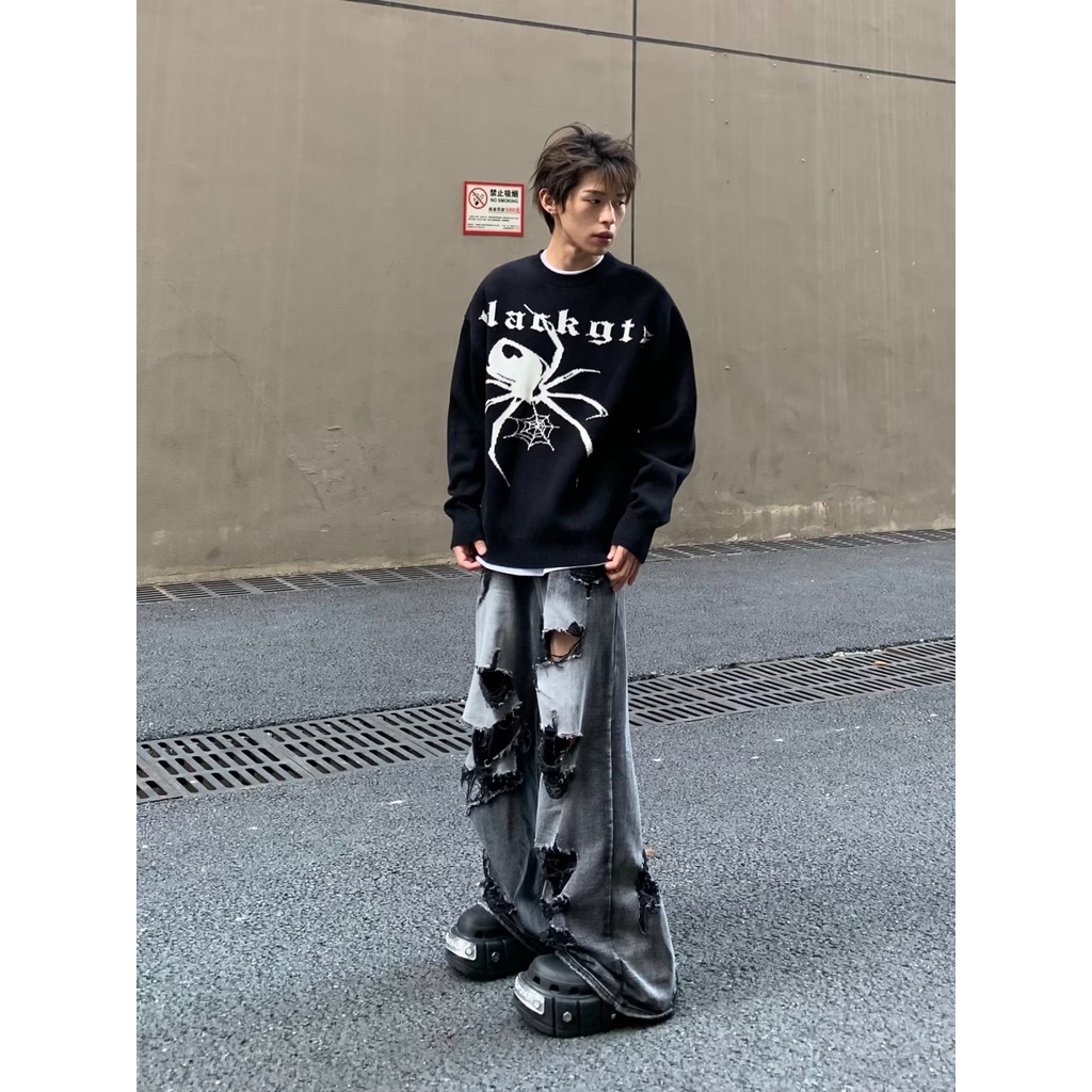 Áo len nam cổ tròn kiểu dáng hàn quốc vải len sợi dày dặn  Áo hoodie thêu hình nhện thời trang thu Đông cho nam nữ