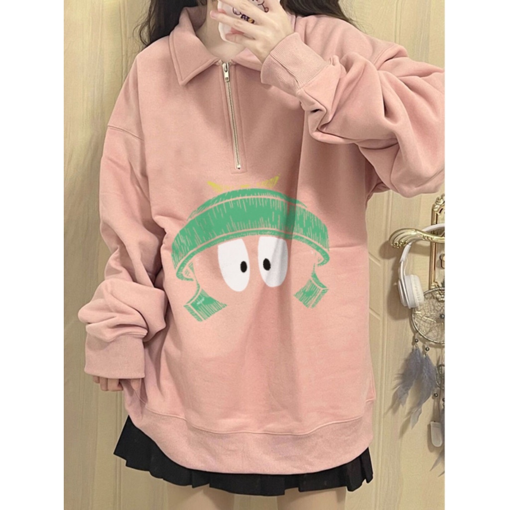 Áo sweater Cổ polo Có Khóa Kéo Nửa Thân Màu Hồng Thời Trang Thu Đông Cho Nữ