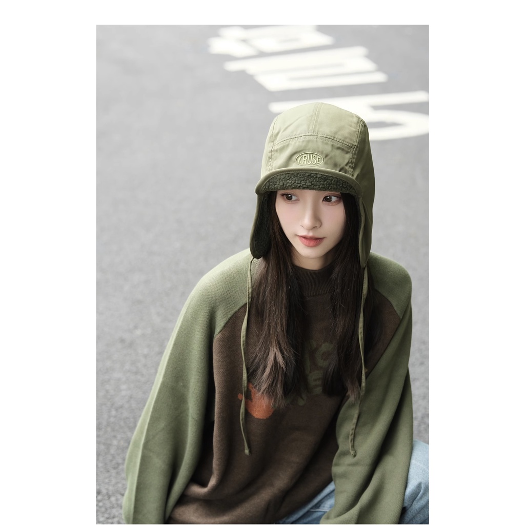 Mũ Phi Công Vải Nhung Thêu Chữ Phong Cách Đường Phố Hàn Quốc Thời Trang Mùa Đông
