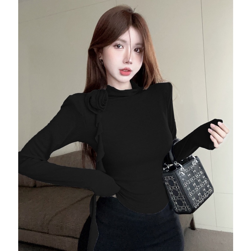 Áo Thun Tay Dài Cổ Cao Dáng Ôm Thời Trang Thu Đông Cho Nữ