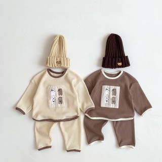 Bộ áo thun dài tay in hình gấu + quần dài thời trang cho bé