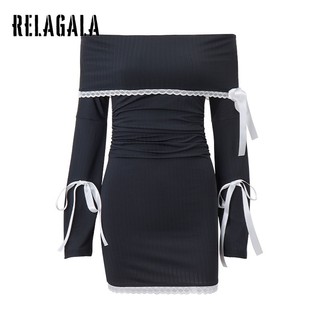 RelaGala Nữ Mới Phong Cách Gợi Cảm Ra Vai Ren Khâu Đầm Dài Tay
