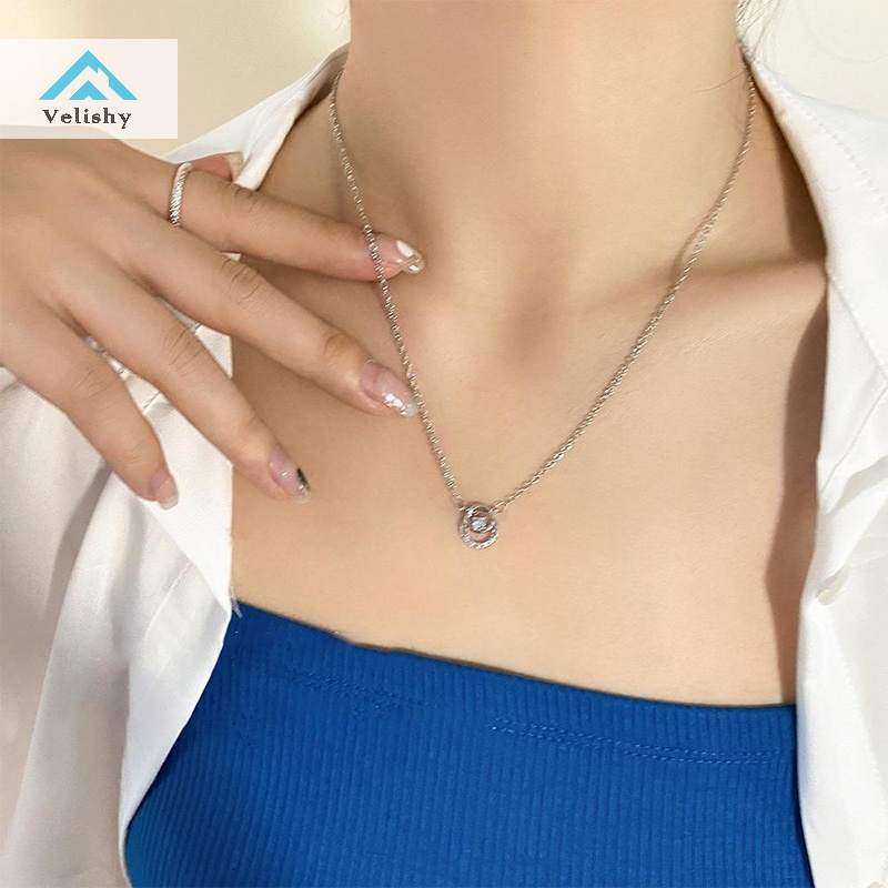 Velishy Vòng cổ Mặt Tròn Đính Đá zircon Màu Bạc Đơn Giản Dễ Phối Đồ Thời Trang Cho Nữ