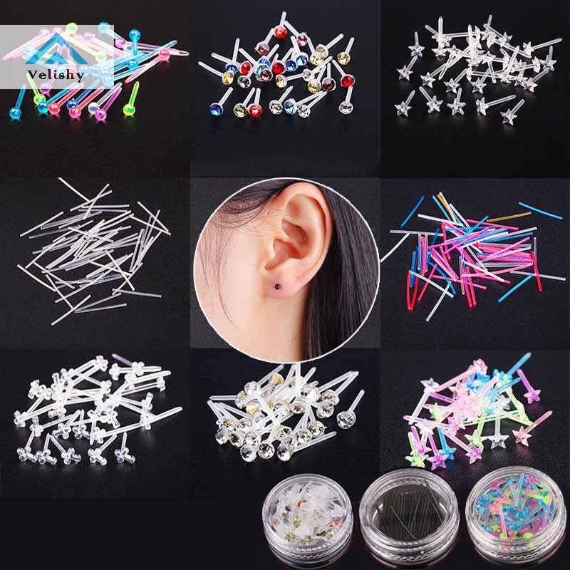 Velishy Set 60 / 200 Khuyên Tai Nhựa Chống Dị Ứng Nhiều Màu Sắc Thời Trang