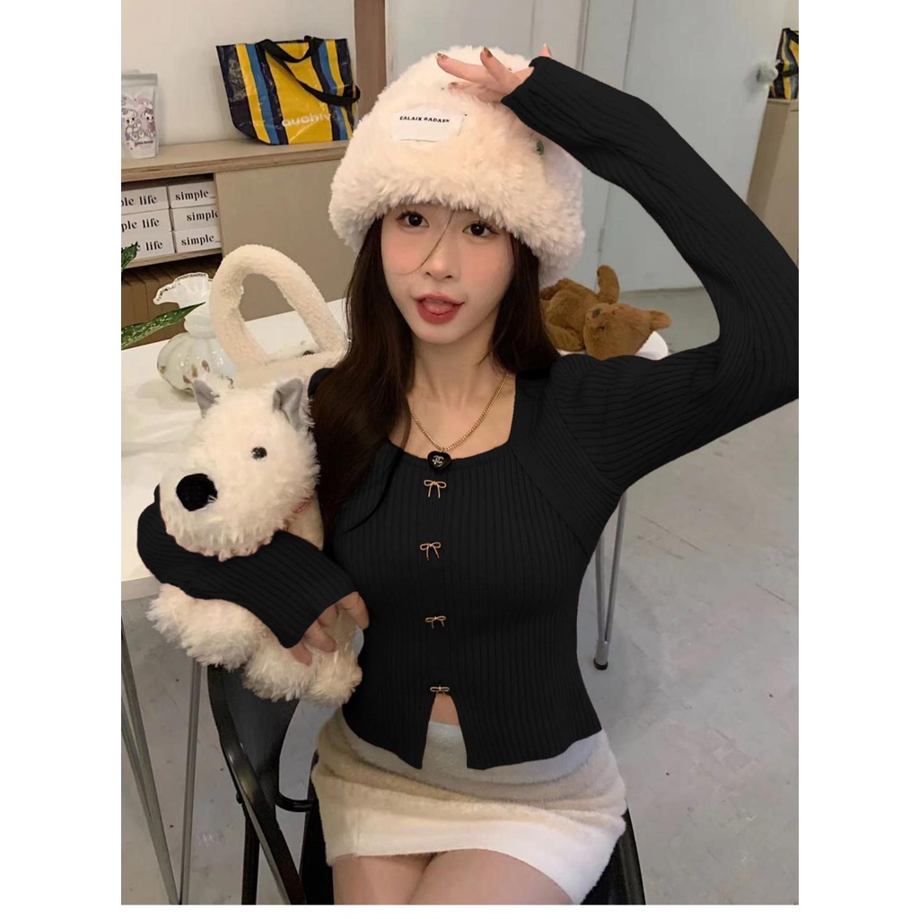 Milyfashion Áo sweater Cổ Vuông Giả Hai Lớp Thời Trang Thu Đông Phong Cách Pháp Cho Nữ