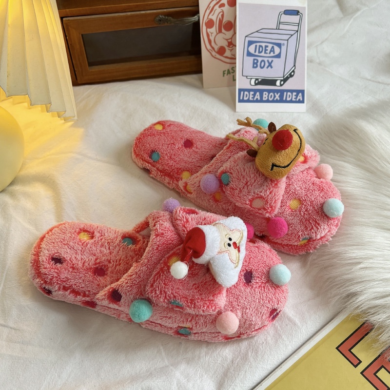 YAOLI Dép Bông Đi Trong Nhà Bằng cotton Phối Lông Thời Trang Giáng Sinh Dễ Thương Dành Cho Nữ Sinh Ký Túc Xá