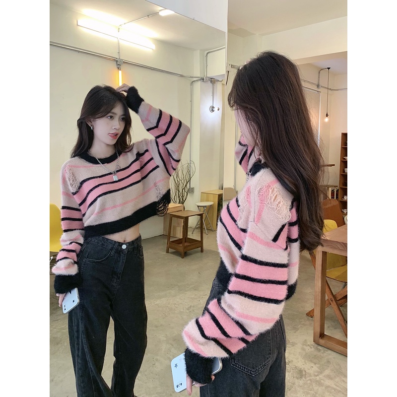 Áo Dệt Kim Tay Dài Dáng Rộng Họa Tiết Kẻ Sọc Phong Cách retro Thời Trang Mùa Thu Cho Nữ