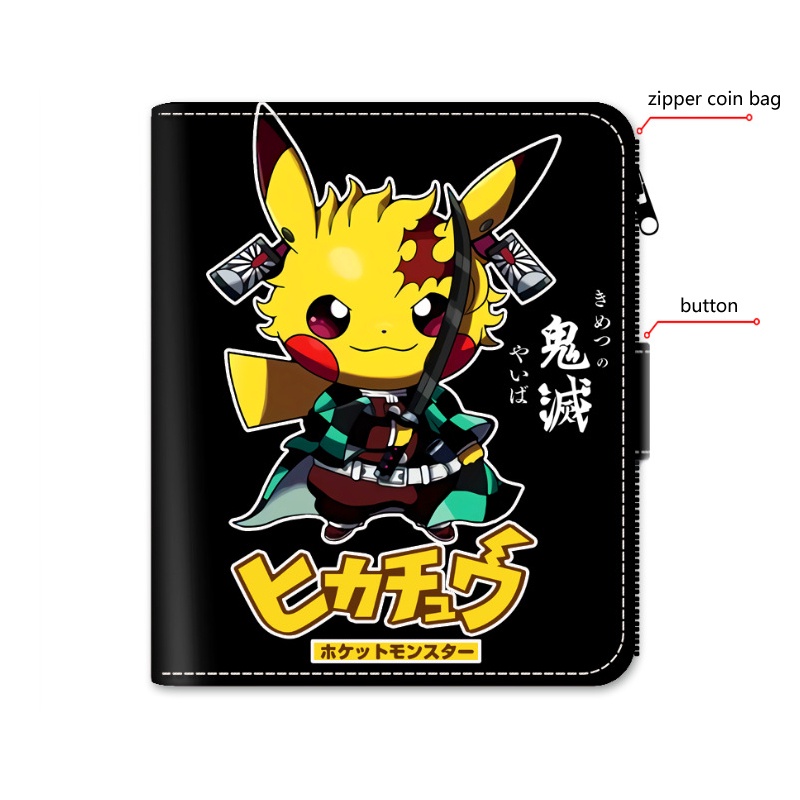 Dễ Thương Ví Da pu Ngắn Màu Đen Có Khóa Kéo In Hình pikachu Đáng Yêu