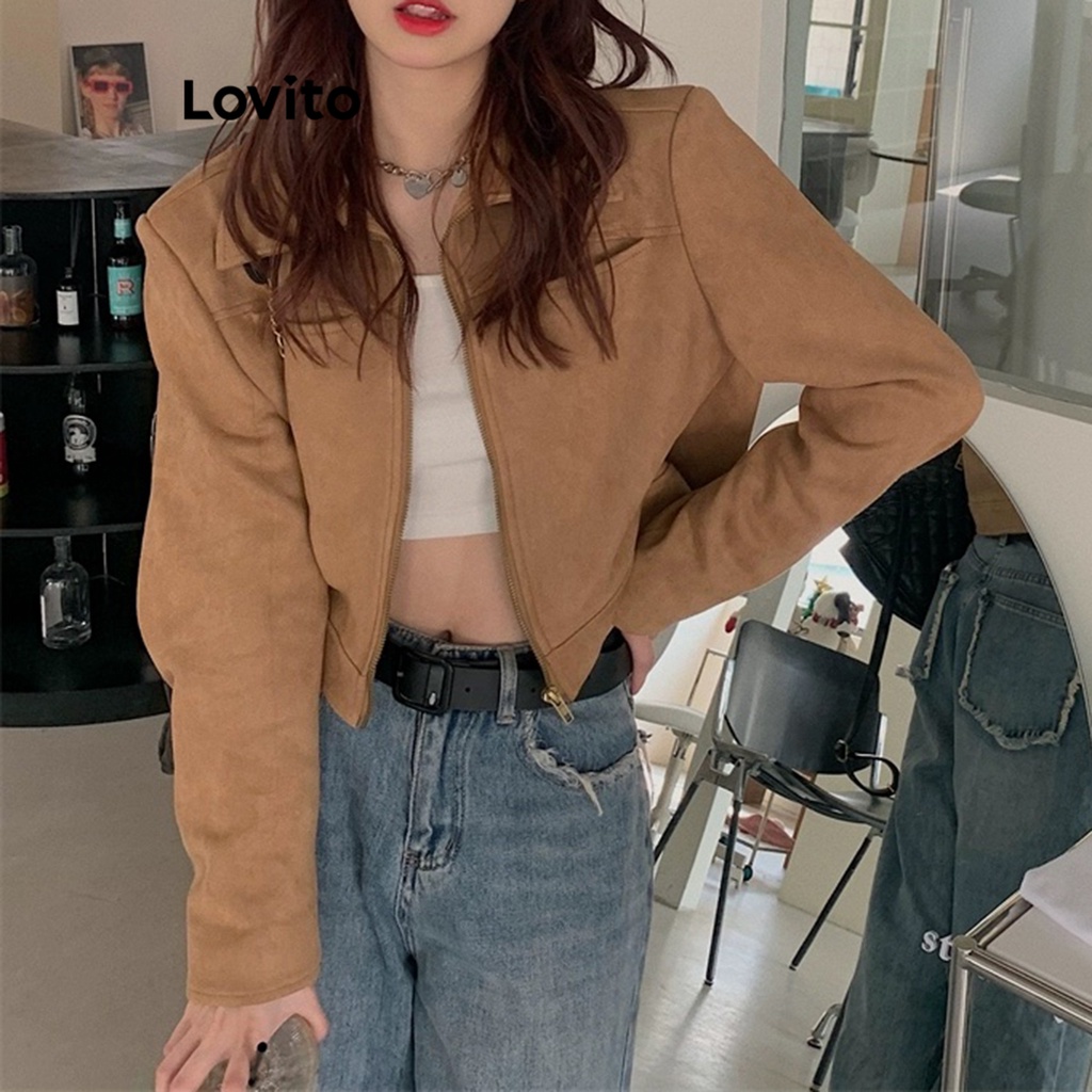 Lovito Áo khoác có túi dây kéo trơn thông thường cho nữ LNA29090