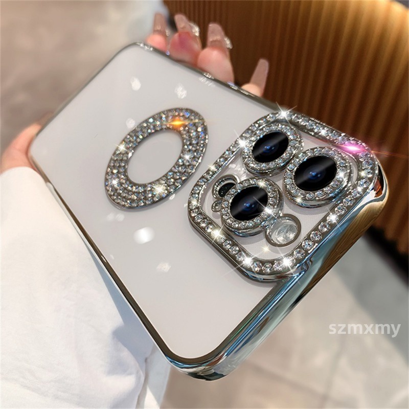 Sang Trọng Ốp Điện Thoại tpu Silicon Mềm Trong Suốt Chống Sốc Mạ Điện Đính Đá Cho iphone 15 14 13 12 pro max