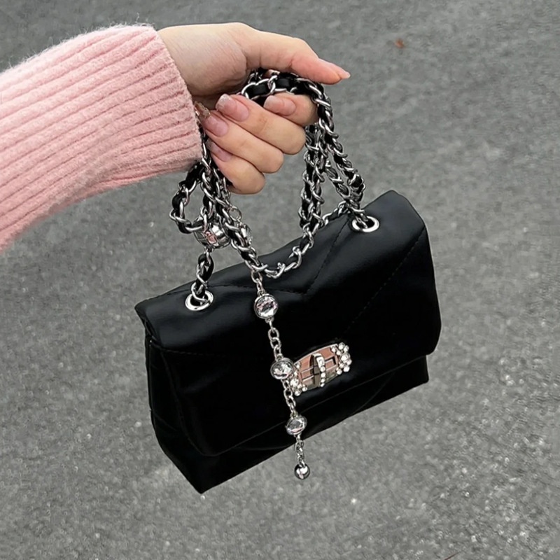 Caiyunyu Túi Xách Da Đeo Vai Phối Dây Xích Màu Đen Phong Cách Thời Trang Nhật Hàn Dành Cho Nữ