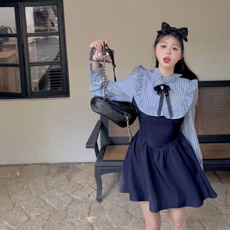 Đầm Nữ Tay Dài Kẻ Sọc Giả Hai Lớp Thời Trang