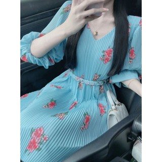 Đầm Công Chúa Mùa Hè Màu Xanh Dương Họa Tiết Hoa Phong Cách Pháp Cổ Điển Cho Nữ