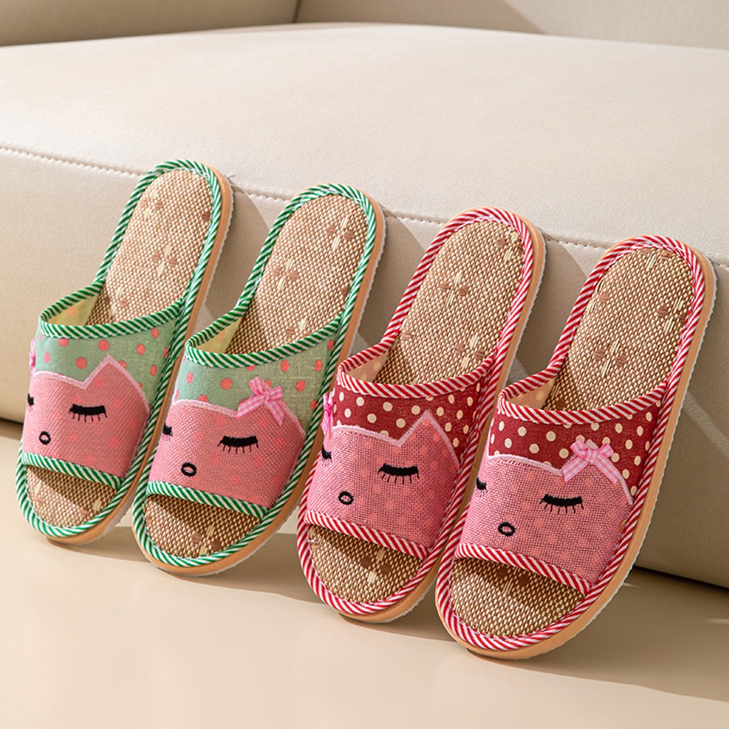 1 Đôi Dép Đi Trong Nhà Bằng Vải Lanh Thoáng Khí Thoải Mái In Họa Tiết Hoa / Xanh Lá / Hồng Hoạt Hình Cho Khách Sạn