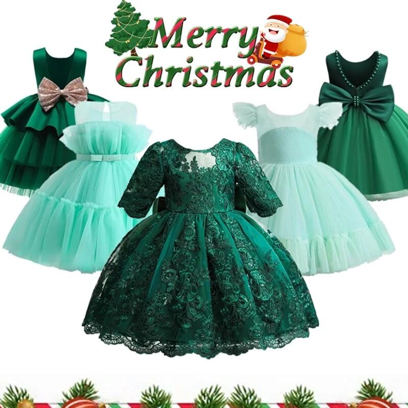 Đầm Xòe Công Chúa Màu Xanh Lá Phối Ren Lưới Đính Ngọc Trai Phong Cách Giáng Sinh Cho Bé Gái 1-5 Tuổi