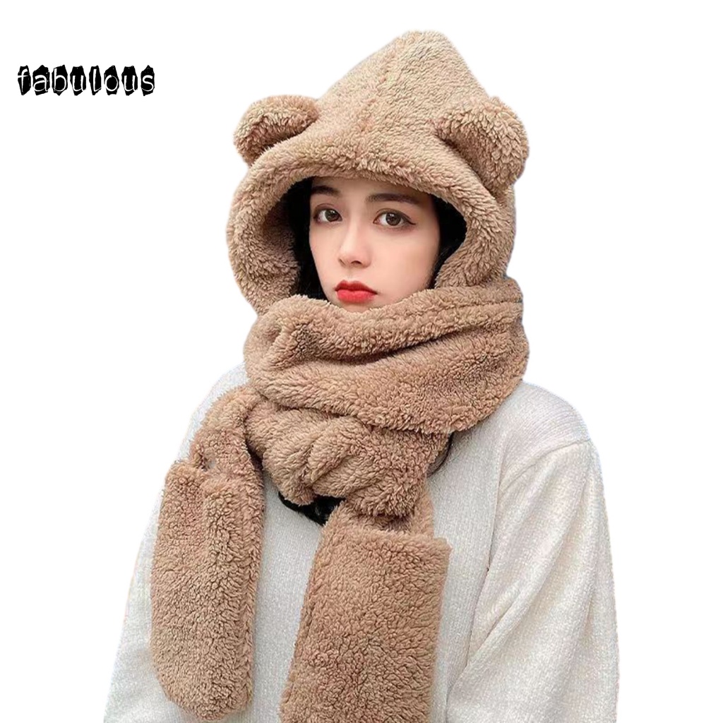 Fab set Mũ Trùm Đầu + Găng Tay + Khăn Choàng 3 Trong 1 Bằng Vải Bông Giữ Ấm Tai Gấu Co Giãn Thời Trang Mùa Đông Cho Nữ