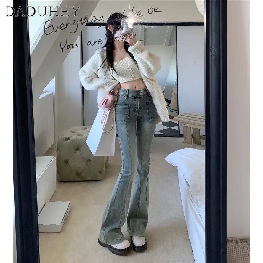 DaDuHey New American Ins High Street Retro Micro-flare Jeans Niche High Waist Wide Leg Pants plus Size Trousers