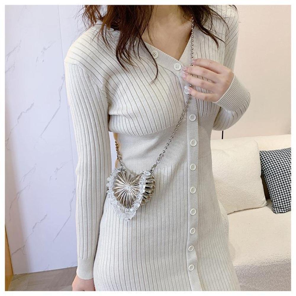 Túi vỏ mini ssunshine, túi đeo chéo hình trái tim bằng kim loại, ví tiền xu chuỗi sáng tạo cho nữ