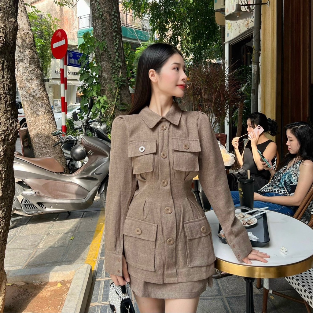 Sét tiểu thư sơ mi tay dài phối túi hộp sang chảnh kèm chân váy