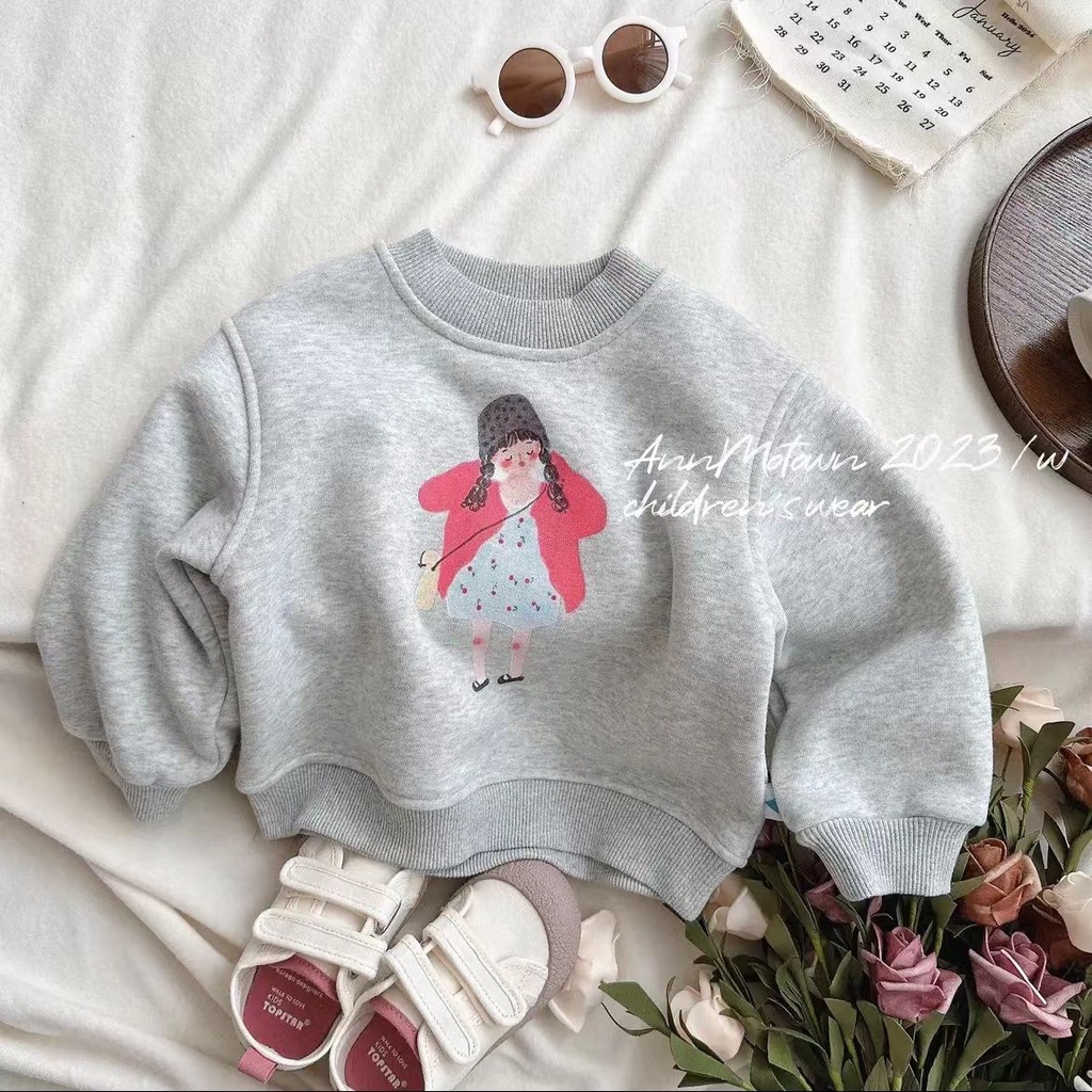 Áo Nỉ Liền Thân In Họa Tiết Hoạt Hình Lót Lông Cừu Thời Trang Thu Đông 2023 Cho Bé Gái