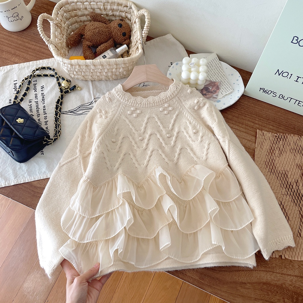 Áo sweater Dệt Kim Dày Dặn Phối Ren Kiểu Công Chúa Dễ Thương Thời Trang Thu Đông Cho Bé Gái