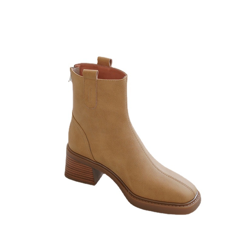 Duooya hair ~  Giày Bốt martin Da Mềm Gót Dày Ngắn Mũi Vuông Phối Khóa Kéo Phía Sau Xe Máy Miễn Phí Vận Chuyển