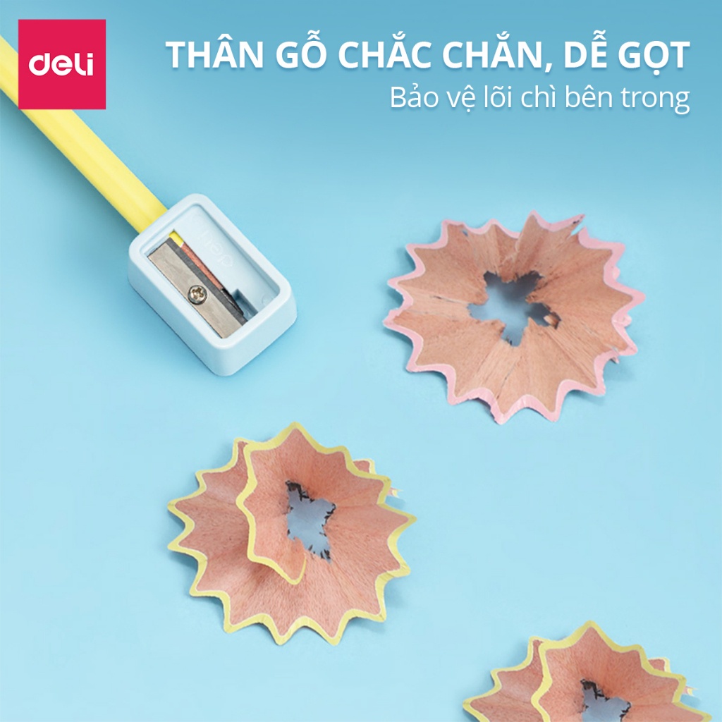 Bút Chì Gỗ 2B Deli Kèm Đầu Tẩy Màu Pastel - Chì Đậm An Toàn Nhạy Với Máy Chấm Thi Phù Hợp Học Sinh Văn Phòng Luyện Chữ