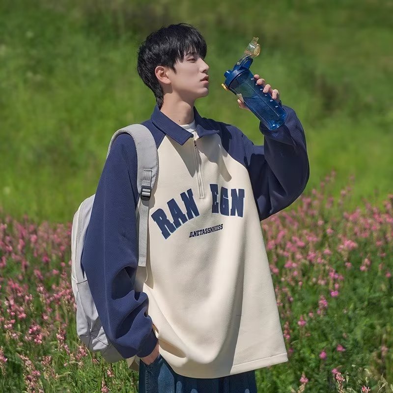 Áo Thun polo Tay Dài Dáng Rộng Có Khóa Kéo Màu Sắc Tương Phản Phong Cách Hàn Quốc Thời Trang Cho Nam