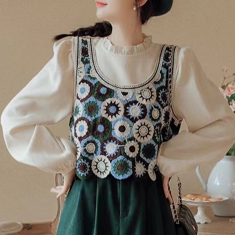 Áo Dệt Kim Sát Nách Cổ Chữ u Dáng Rộng In Họa Tiết Hình Học Kiểu vintage Thời Trang Mùa Thu 2 Màu Tùy Chọn Cho Nữ