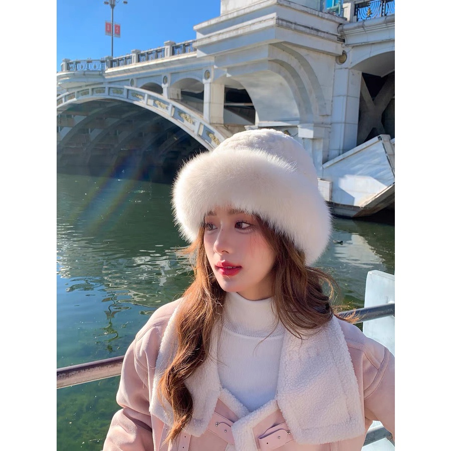 Nón beret phủ lông nhân tạo giữ ấm tai xinh xắn thời trang mùa đông, nón tai bèo phong cách thu đông