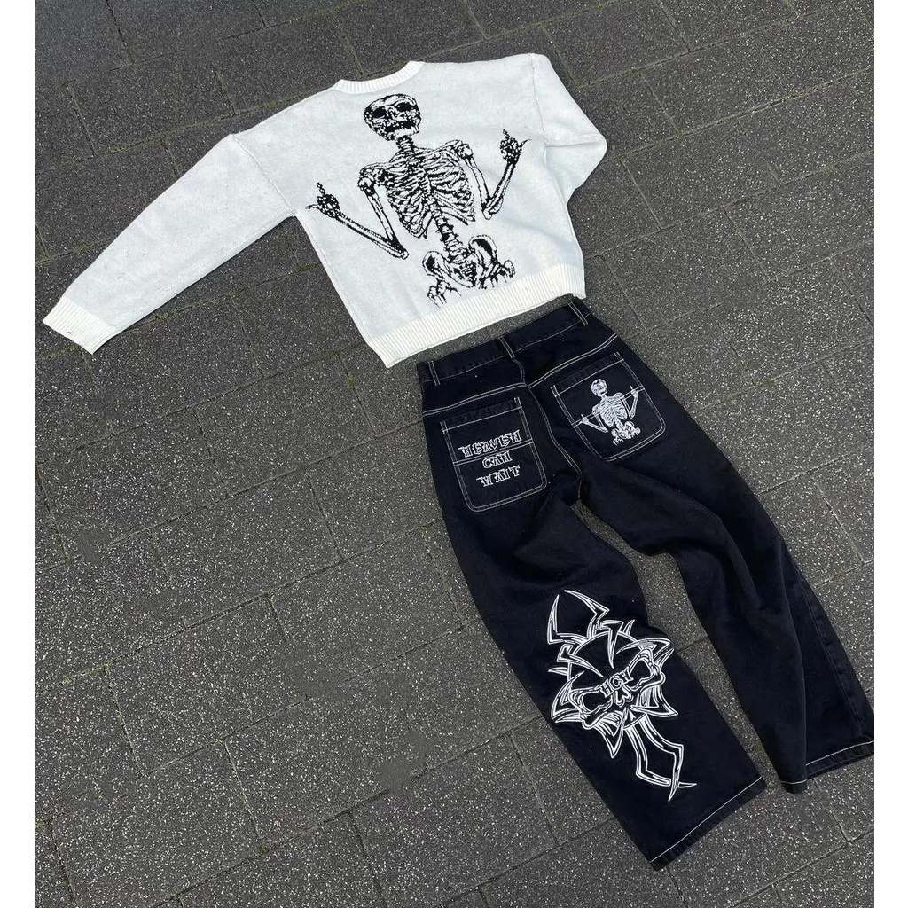 Quần jeans baggy Ống Rộng Thêu Hình Đầu Lâu Phong Cách hip hop Thời Trang Cho Nam y2k