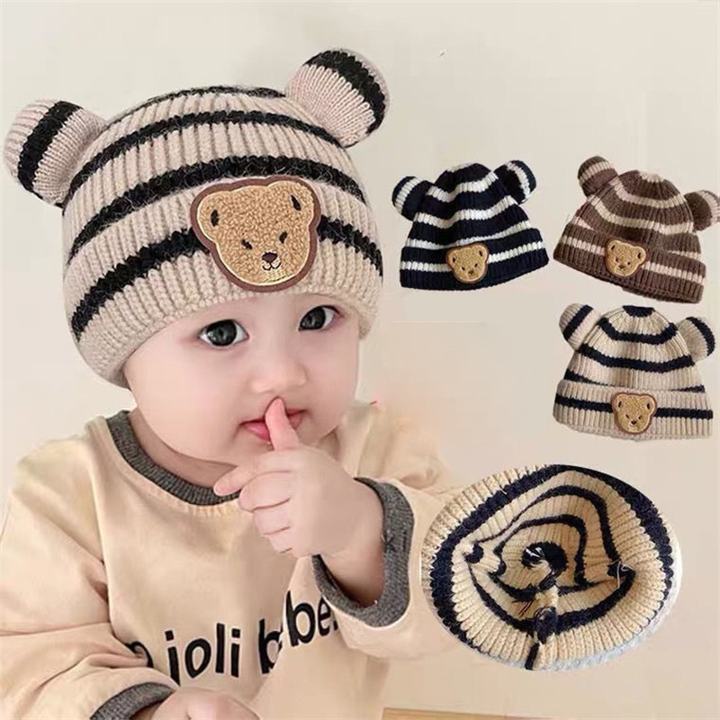 Mũ len MICHLEY họa tiết kẻ sọc hình gấu dễ thương phong cách Hàn Quốc thời trang thu đông cho trẻ em