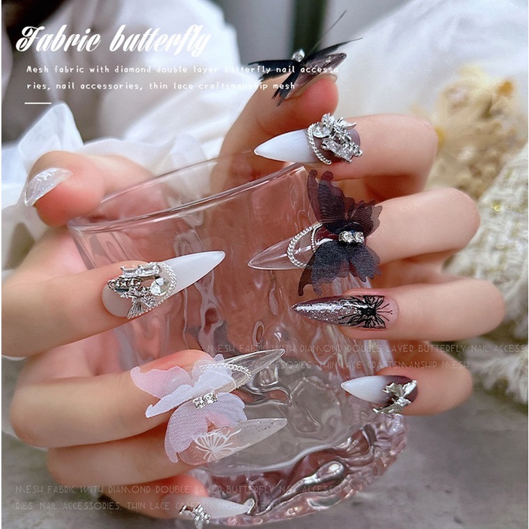Charm Bướm Cát Tiên Trắng Đen Vải Mềm | Trang Trí Móng Tay