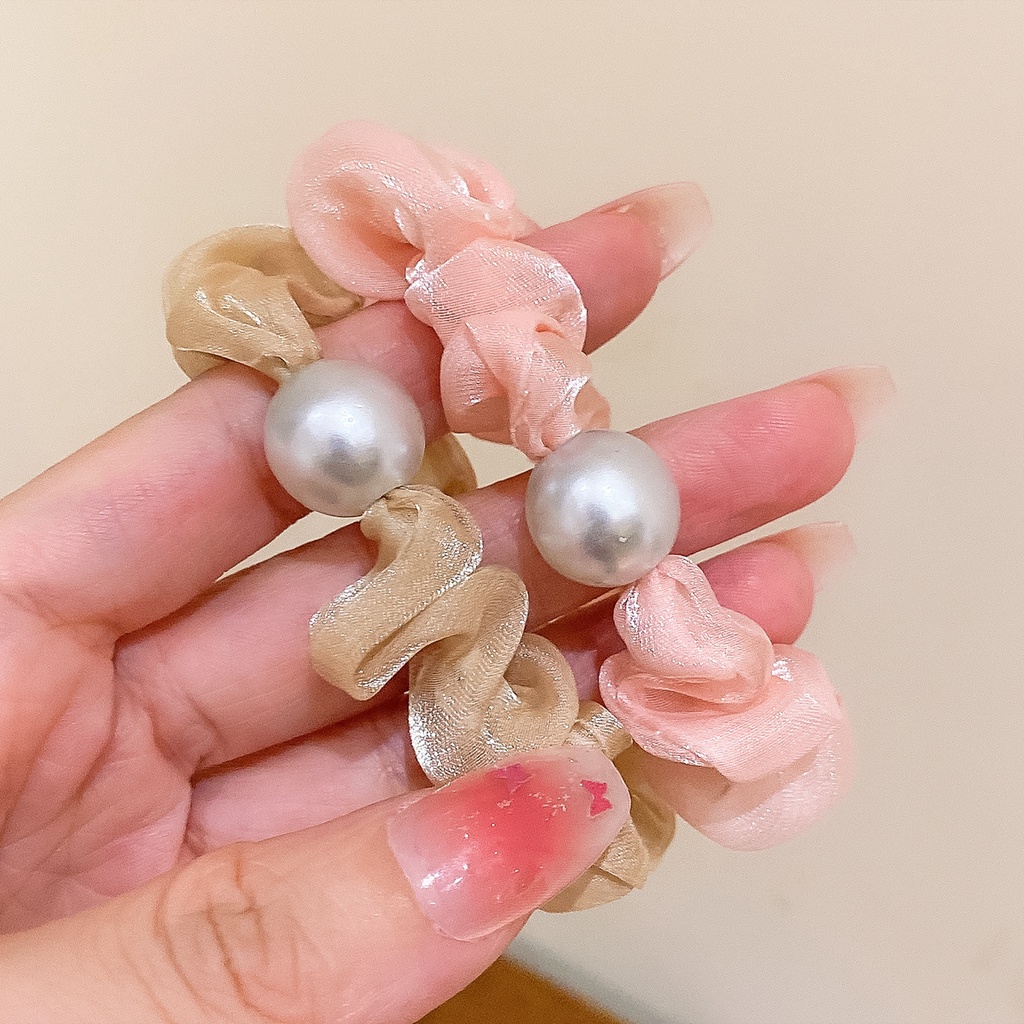 Cột tóc srunchies vải lưới bóng kim tuyến đính hạt châu đơn giản CT21