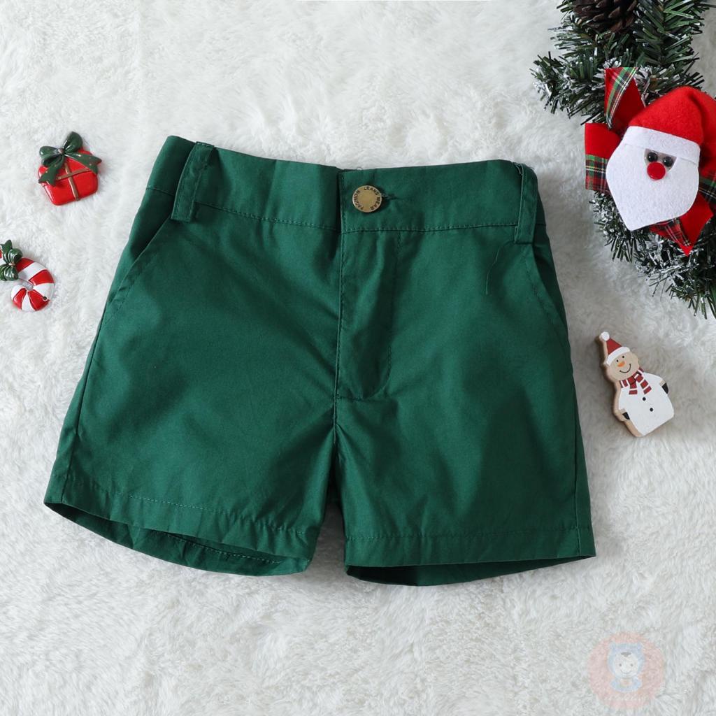 Laa6-bộ Áo Sơ Mi Ngắn Tay Cổ Bẻ In Họa Tiết Ông Già Noel + Quần short Màu Trơn Cho Bé Trai