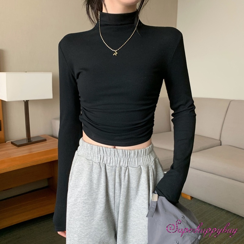 Áo Thun Tay Dài Cổ Cao Màu Trơn Thời Trang Xuân Thu Dành Cho Nữ