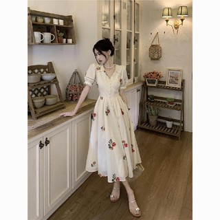 Đầm Hoa Dáng Dài Chiết Eo Cỡ Lớn Phong Cách Pháp Cổ Điển Thời Trang Cho Nữ / 11.26