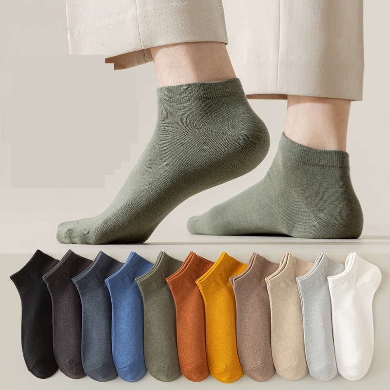 SHANMUSENLIN☘Vớ cotton Cổ Thuyền Dày Dặn Thấm Hút Mồ Hôi Màu Trơn Cho Nam