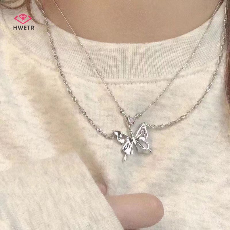 Vòng cổ Hai Lớp Mặt Hình Trái Tim / Bướm Đính Đá Pha Lê Thời Trang Cho Nữ Mới