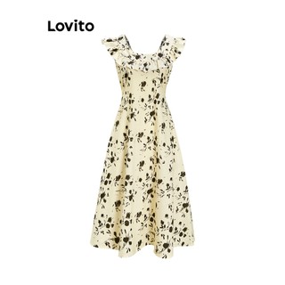 Đầm Lovito cột dây lưng viền nhún bèo họa tiết hoa nhí thường ngày cho nữ L61AD077 (màu mơ)