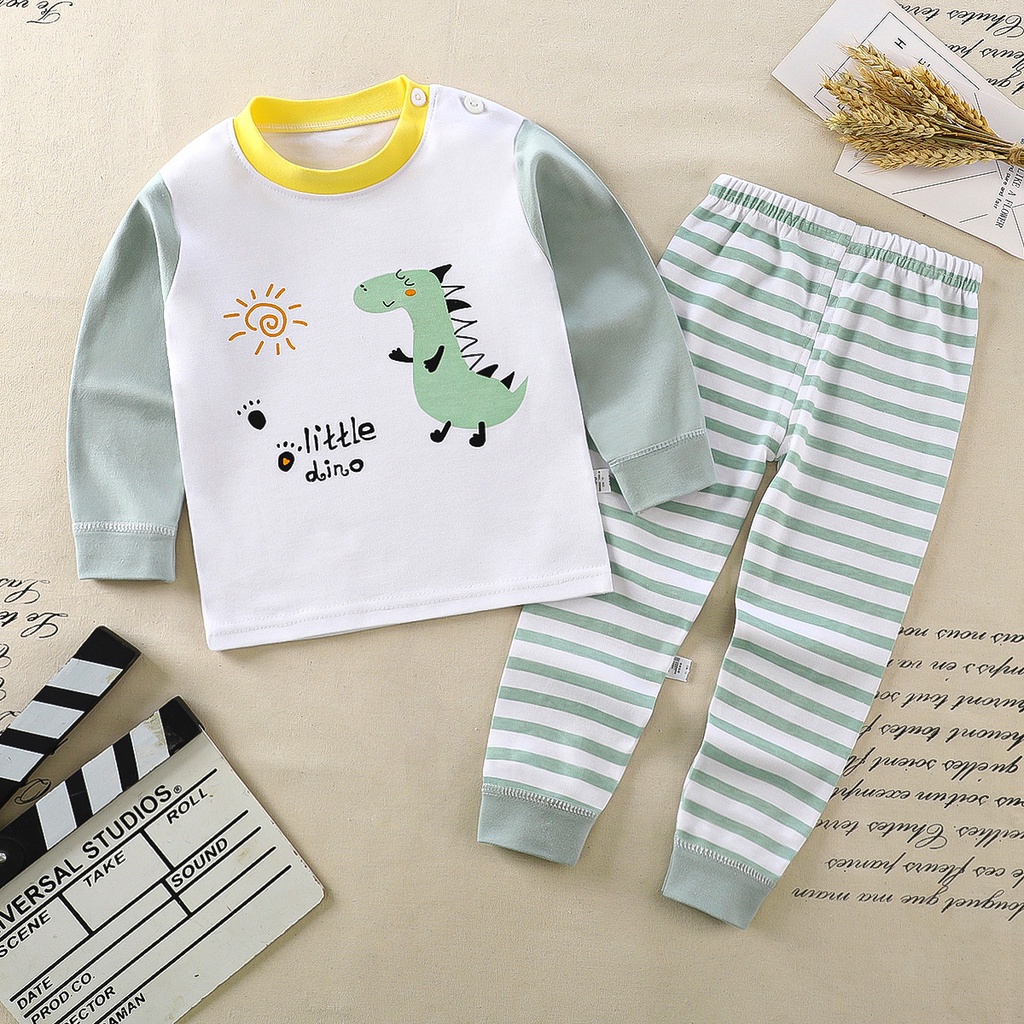 Hoạt Hình Bộ Đồ Ngủ 2 Món Bằng cotton Tay Dài In Hình Khủng long Dành Cho Trẻ Em