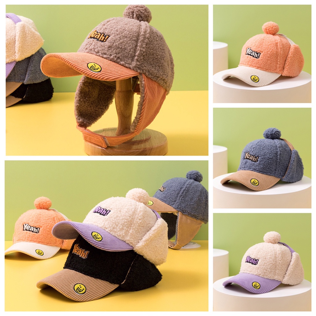 Mũ Lưỡi Trai Vải Nhung Lông Cừu Dày Dặn Giữ Ấm Tai Chống Gió Thời Trang Thu Đông Cho Bé