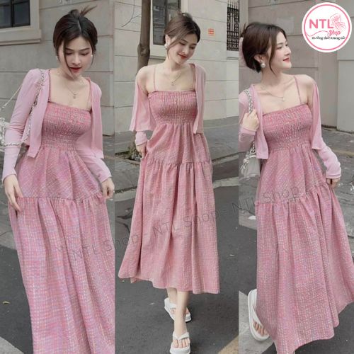 Set váy 2 dây caro hồng khoác ngoài dành cho nàng bánh bèo, tiểu thư, set đầm váy maxi 2 dây đi biển đẹp (kèm khoác) | BigBuy360 - bigbuy360.vn