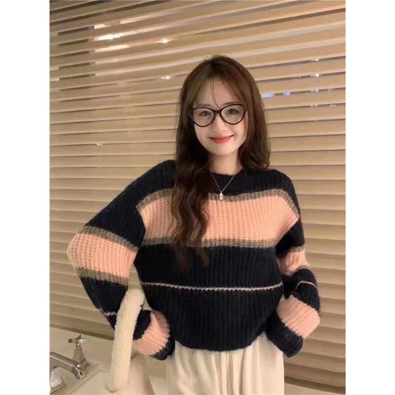 Áo sweater Dệt Kim Tay Dài Mềm Mại Họa Tiết Kẻ Sọc Thời Trang Mùa Thu Nhật Bản 2023