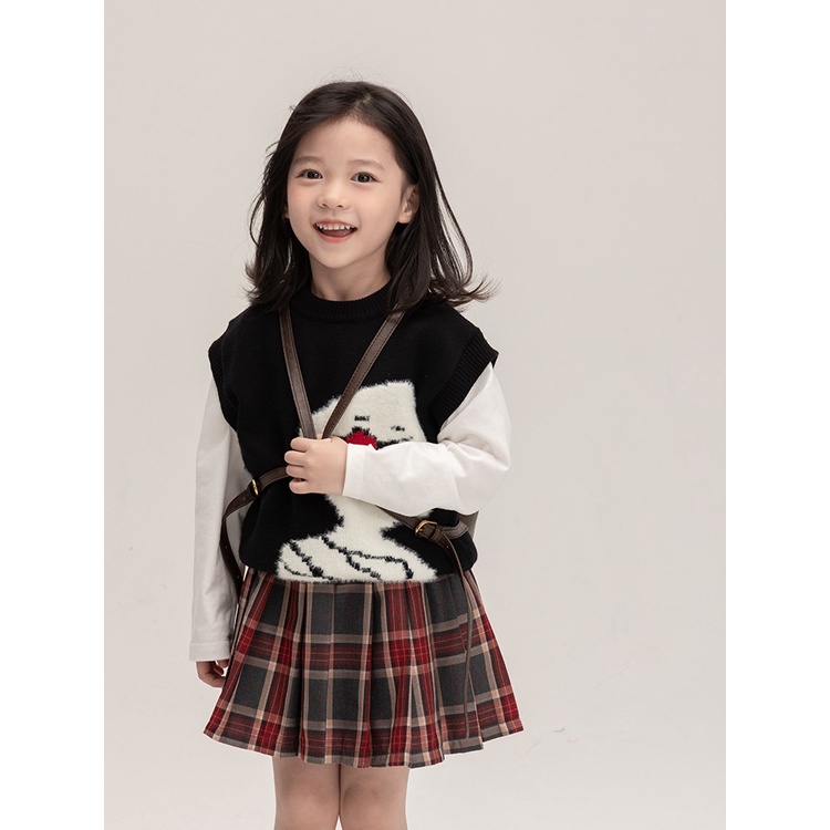 Áo sweater Dệt Kim Không Tay Cổ Tròn Đính Nơ Gấu Ba Chiều Dễ Thương Dành Cho Bé Gái