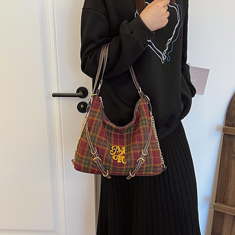 Jasmin noir Túi Xách Đeo Vai Bằng Len Chần Bông Sọc Caro retro Cho Nữ hobos