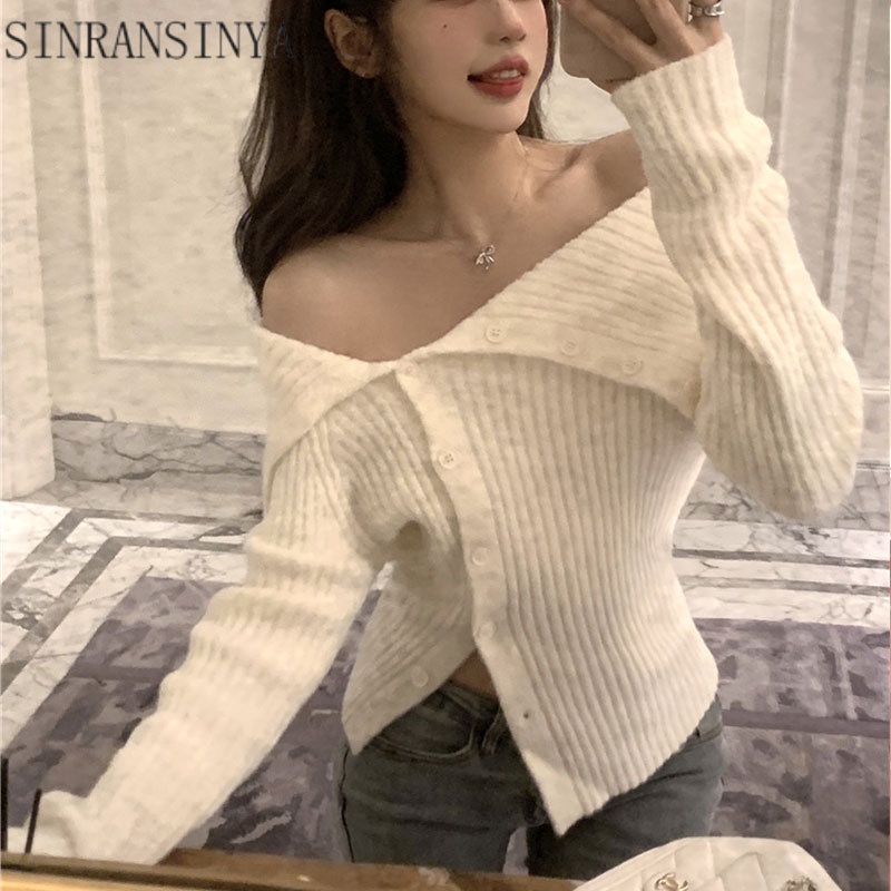 Sinransinya Áo Khoác cardigan Dệt Kim Trễ Vai Dáng Ôm Thời Trang Thu Đông Dành Cho Nữ