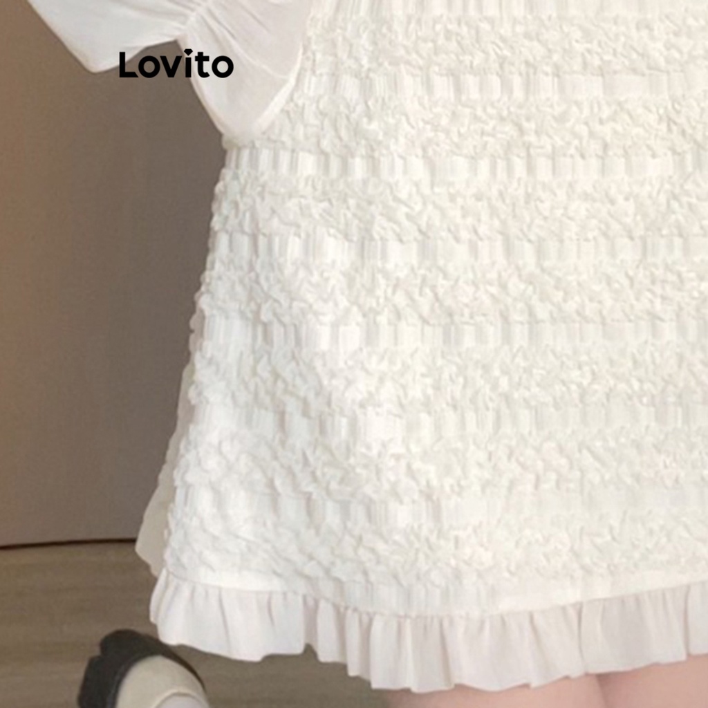 Đầm Lovito phối vải diềm xếp nếp cổ vuông màu trơn thường ngày cho nữ LNE33143 (Màu trắng nhạt)