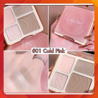 Bảng Phấn Bắt sáng Sweet Mint Tạo Khối Má Hồng 4 màu có gương, Hiệu Ứng Lì 3D Độ Bóng Cao Chính Hãng Nội Địa Trung