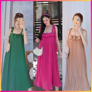 Váy maxi 2 dây suông dập ly cột nơ vai siêu hot đi biển mùa hè, đầm maxi suông 2 dây dập ly nơ, váy bầu đẹp ảnh thật